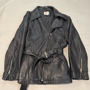 VTG Y2K Steelwing Black Leather Belted Moto Biker Jacket Women Asymmetric-XXXX
